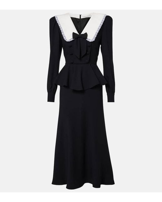 Alessandra Rich Black Bow-Detail Peplum Satin Midi Dress