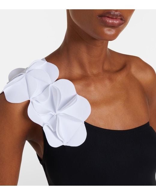 Karla Colletto Black Tess One-Shoulder Floral-Applique Swimsuit