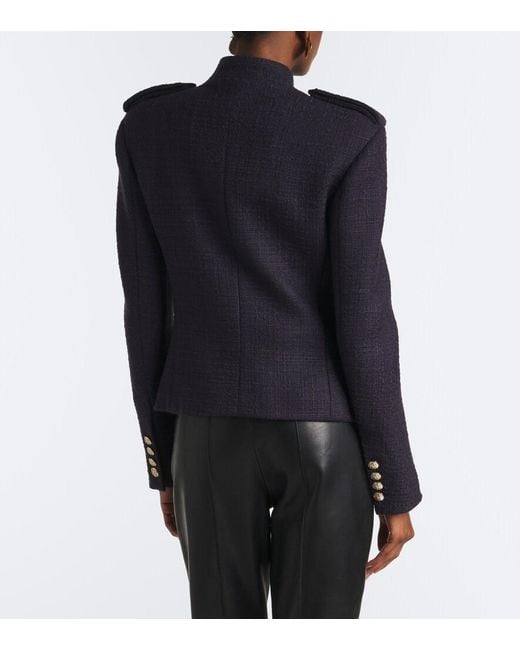 Balmain Blue Double-Breasted Wool-Blend Tweed Jacket
