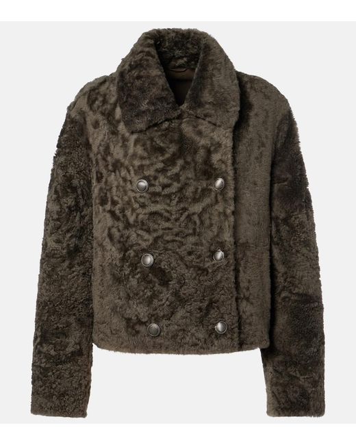 Brunello Cucinelli Green Cropped Double-Breasted Shearling Jacket