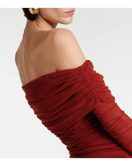 Saint Laurent Red Off-shoulder Ruched Tulle Minidress