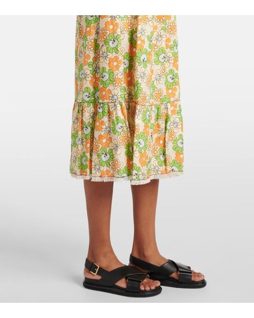 Marni Multicolor Floral-Print Organic Linen Midi Skirt