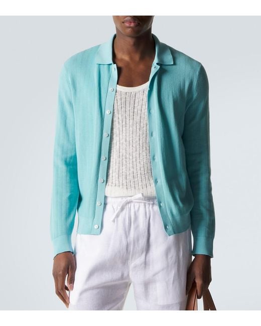 Fedeli Blue Matheus Ribbed-Knit Cotton Cardigan for men