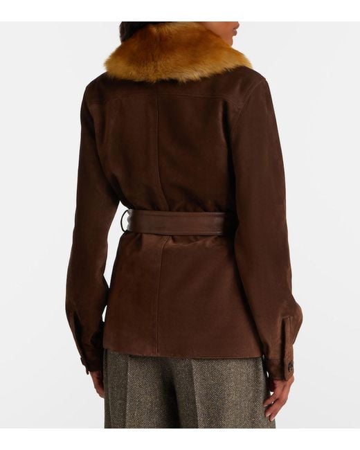 Saint Laurent Brown Belted Shearling-Trimmed Suede Jacket