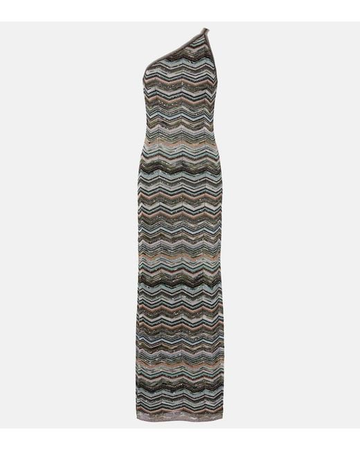 Missoni Gray Zigzag One-Shoulder Lame Maxi Dress
