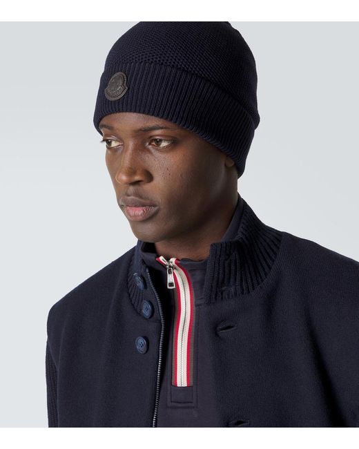 Moncler Black Logo Virgin Wool Beanie for men