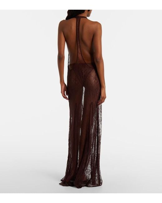 Adriana Degreas Purple Sheer Open-Back Lace Maxi Dress