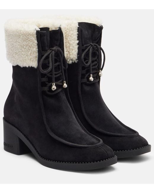 Jimmy Choo Black Hali 60 Shearling-Trimmed Suede Ankle Boots