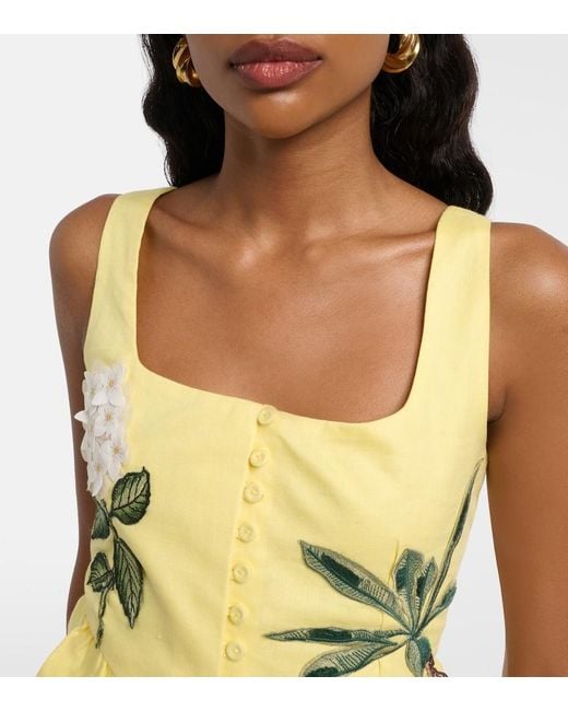 Agua Bendita Yellow Eslabon Floral-Applique Linen Crop Top