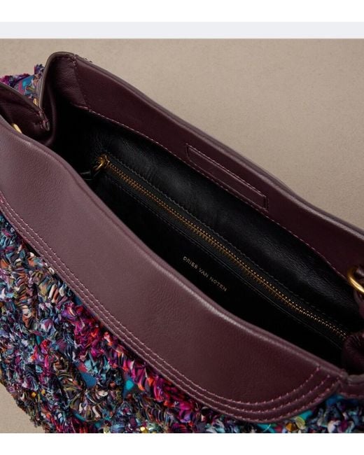 Dries Van Noten Purple Small Embellished Leather-Trimmed Clutch