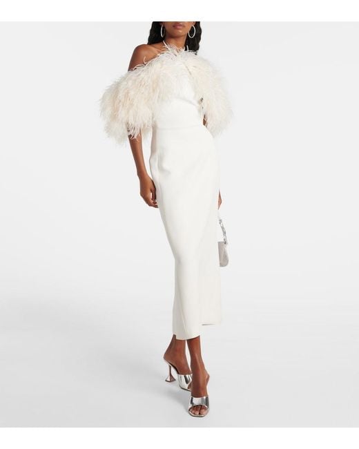 David Koma White Bridal Feather-Trimmed Midi Dress