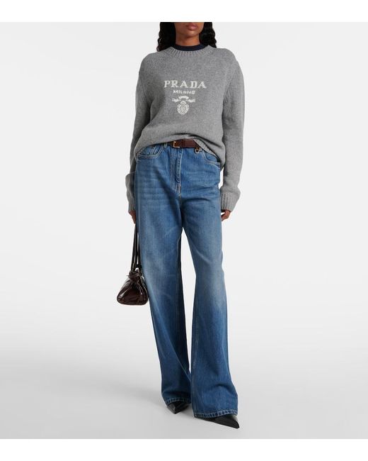 Prada Gray Logo Intarsia Wool And Cashmere Sweater