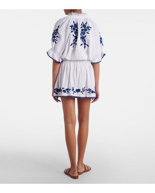 Juliet Dunn Blue Embroidered Cotton And Linen Minidress