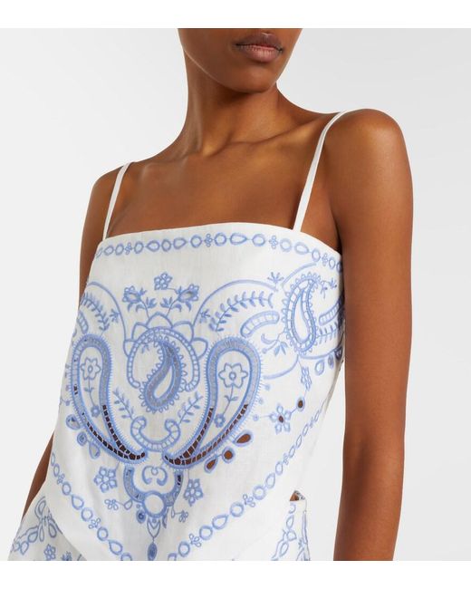 Self-Portrait Blue Embroidered Linen And Cotton Top