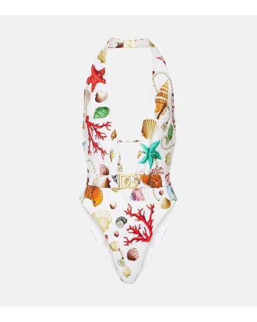 Dolce & Gabbana White Capri Printed Halterneck Swimsuit