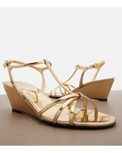 Prada Metallic Leather Wedge Sandals
