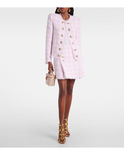 Mini-Jupe En Coton Melange A Carreaux Balmain en coloris Pink