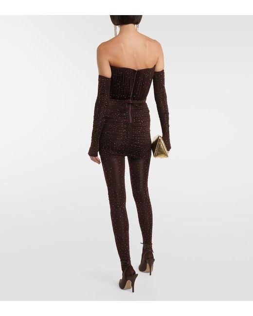 Alex Perry Brown Koda Minikleid Aus Gerafftem Stretch-Jersey Mit Kristallen Und Einem Paar Handschuhe
