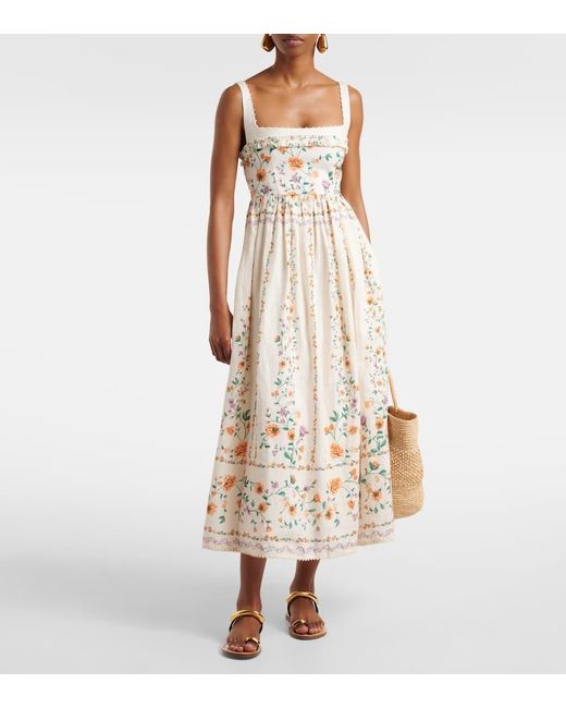 Agua Bendita White Bedrucktes Midikleid Barbara Aus Leinen