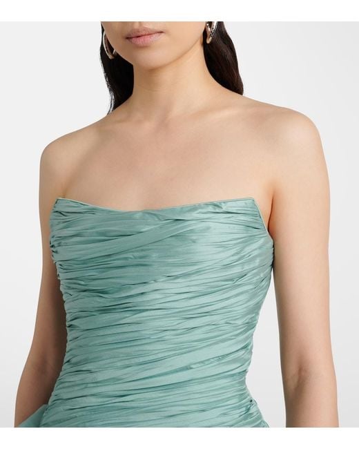 Marmar Halim Green Draped Pleated Taffeta Bustier Gown
