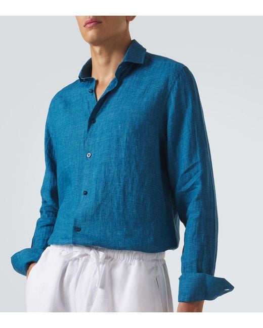 Frescobol Carioca Blue Antonio Linen Shirt for men