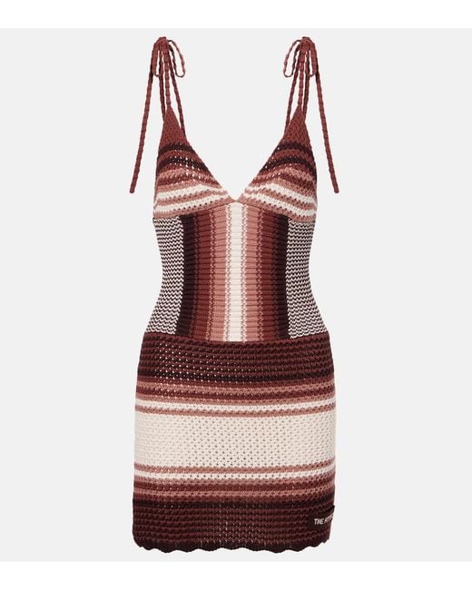 The Attico Red Crochet Striped Cotton Minidress