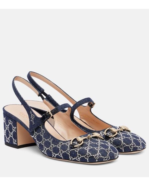 Gucci Blue Lady Horsebit-Detailed Crystal-Embellished Denim Mary Jane Pumps