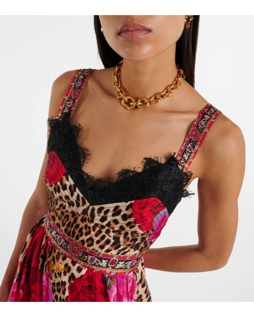 Camilla Red Leopard-print Floral Silk Midi Dress