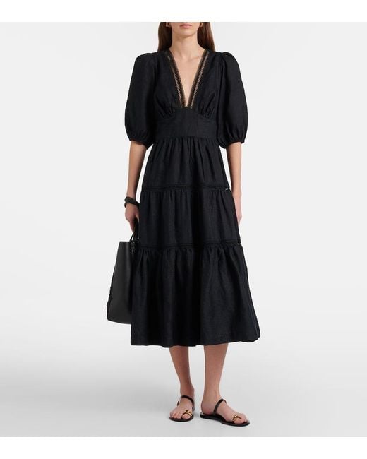 Heidi Klein Black Meteora Lace-Trimmed Linen Midi Dress