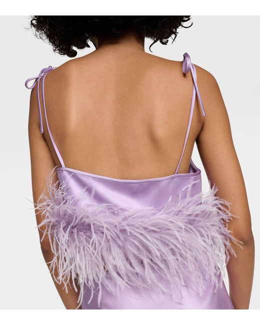 Miu Miu Purple Feather-Trimmed Logo Satin Crop Top