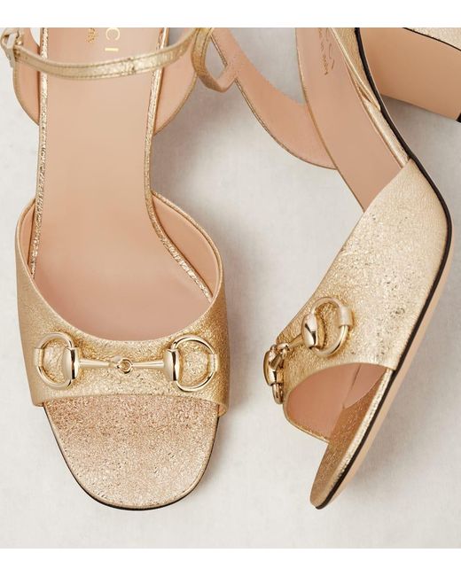 Gucci Natural Lady Horsebit Metallic Textured-Leather Sandals
