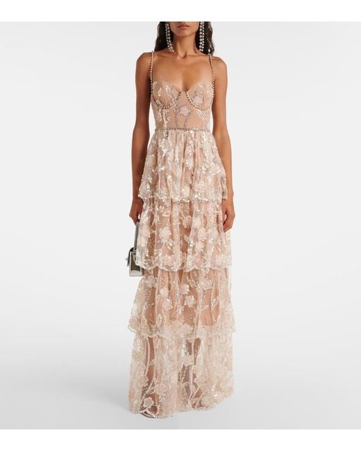 Self-Portrait Natural Embellished Tiered Corset Gown