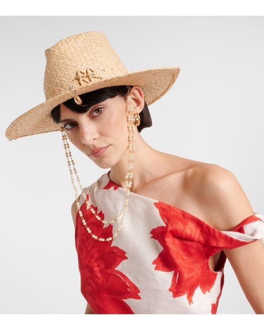 Ruslan Baginskiy White Logo Faux Pearl-Embellished Straw Fedora