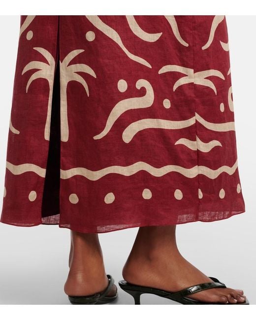 Cala De La Cruz Red Leda Printed Halterneck Linen Maxi Dress