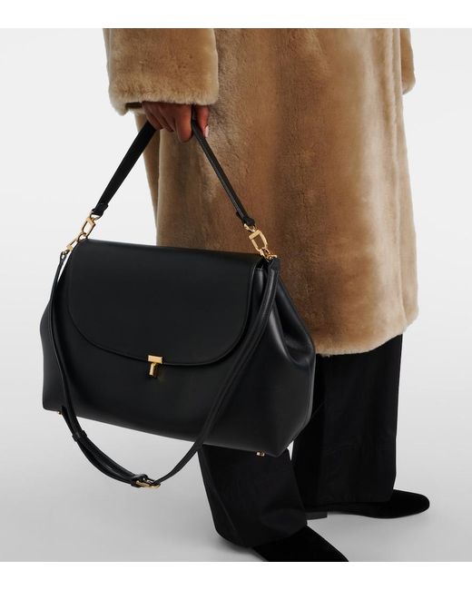 Totême Black T-Lock Medium Leather Tote Bag