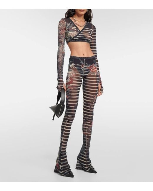 Top cropped Tattoo Collection in mesh di Jean Paul Gaultier in Gray