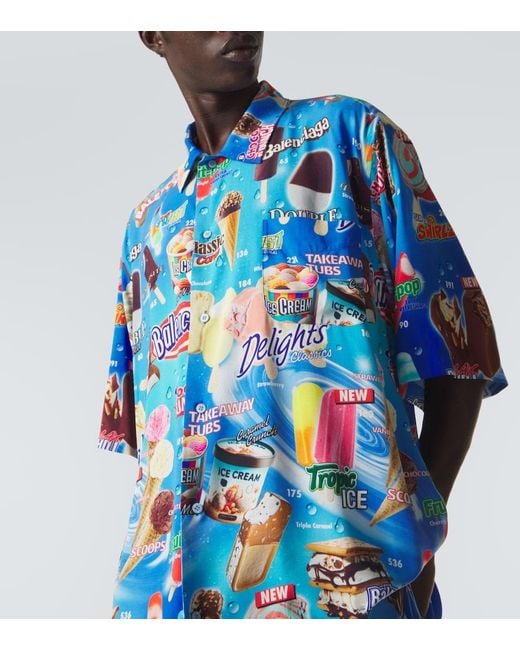 Balenciaga Blue Printed Satin Shirt for men