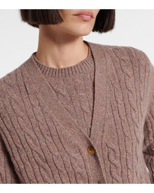 Loro Piana Brown Treccia Cable-Knit Cashmere Cardigan