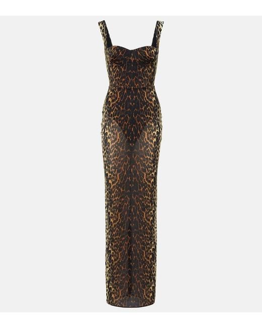 Alex Perry Brown Leopard-Print Mesh Gown