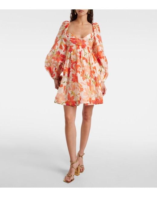Zimmermann Orange Tranquillity Floral Linen And Silk Minidress