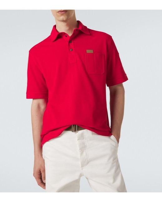 Moncler Red Leather-Trimmed Cotton Pique Polo Shirt for men