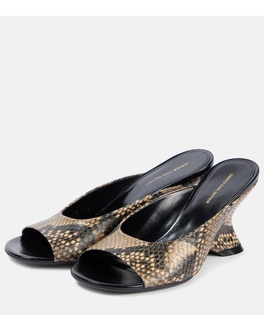 Dries Van Noten Black Snake-Effect Leather Mules