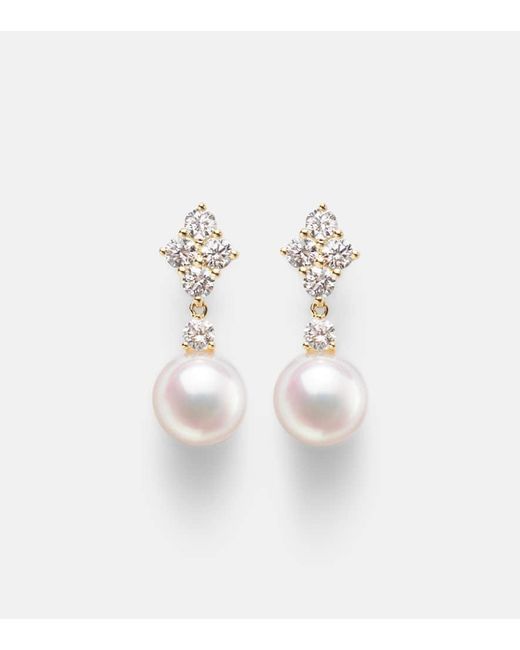Mikimoto White 18Kt Drop Earrings With Pearls And Diamonds