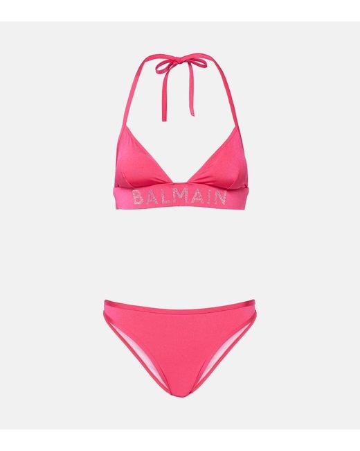 Bikini con cristalli e logo di Balmain in Pink