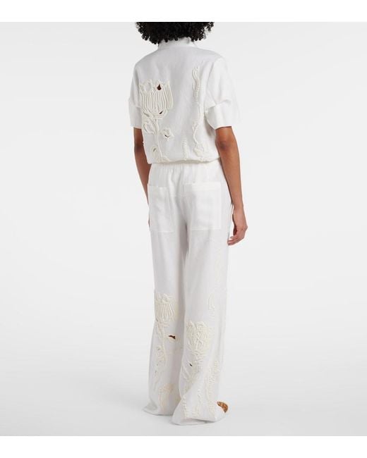 Dorothee Schumacher White Embroidered Beauty Linen Wide-Leg Pants
