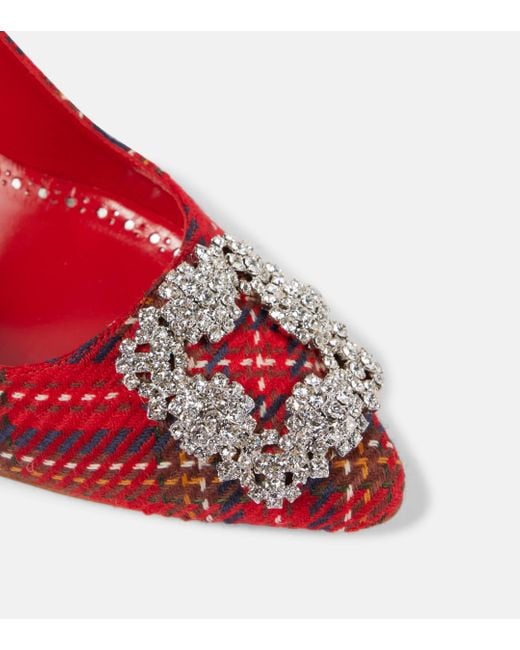 Manolo Blahnik Red Hangisi Embellished Tartan Pumps