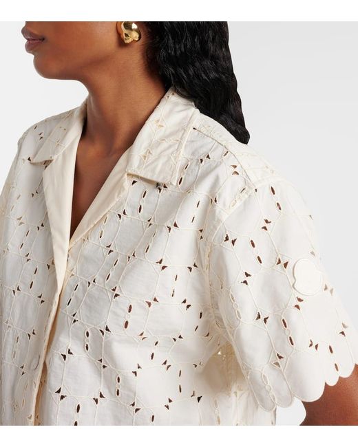 Moncler White Broderie Anglaise Cotton-Blend Bowling Shirt