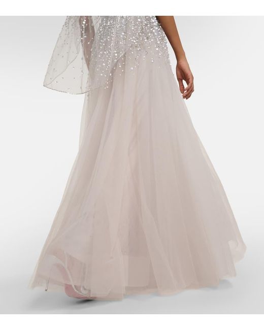 Jenny Packham White Osha Embellished Caped Tulle Gown