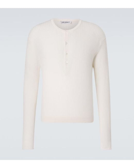 Our Legacy White Fine Ribbed-Knit Cotton Henley Shirt for men