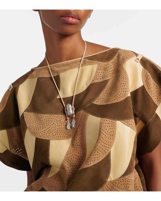 Isabel Marant White Janis Beaded Leather-Trimmed Pendant Necklace